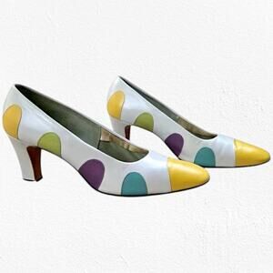 1980s Vintage Colorful Polka Dot Mod Heels Retro Party Pumps Valley Shoes Size 9
